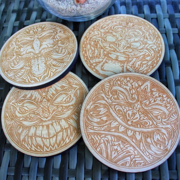 Tiki LaserEngraved Wood Coasters