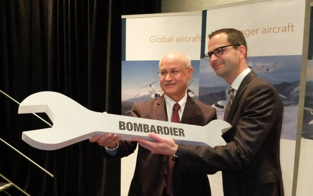 Bombardier announced a renewed focus on customer support at NBAA 2016. Andy Nureddin, left, vice president of customer support and training, poses with Jean-Christophe Gallagher, vice president and general manager of customer experience, following a press conference. Lisa Gordon Photo