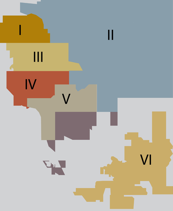 Aurora’s current city council ward boundaries. City council candidates are off and running for the 2013 city election. (Illustration by Reed Baker)