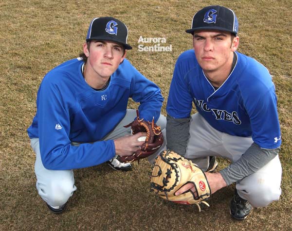 Grandview baseball players Kevin Gausman (left), pitcher, and Greg Bird, catcher, pose during practice March 9 at Grandview High School. (Heather A. Longway/ The Aurora Sentinel)