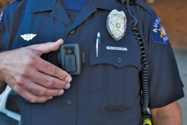 Officer Ed Nolte's VIEVU camera is part of his uniform that he dons before going out on patrol, Sept. 16 at the Aurora Police Headquarters. The city’s 2015 budget calls for outfitting 440 police officers with body-worn cameras. (Marla R. Keown/Aurora Sentinel)