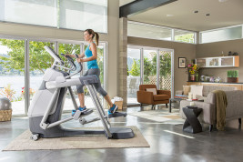 The AMT 835 with Open Stride has a price tag of $9,395 for a model that’s exactly what would be found in a 24-Hour Fitness or other health club, with a footprint of just 3 feet by 7 feet. The do-it-all machine adapts instantly to the stride length of each new user within secondsa nd allows users to walk, run, climb and lunge, as well as use several sets of movable handlebars for weight training, all with a console that tracks all the users’ vitals.