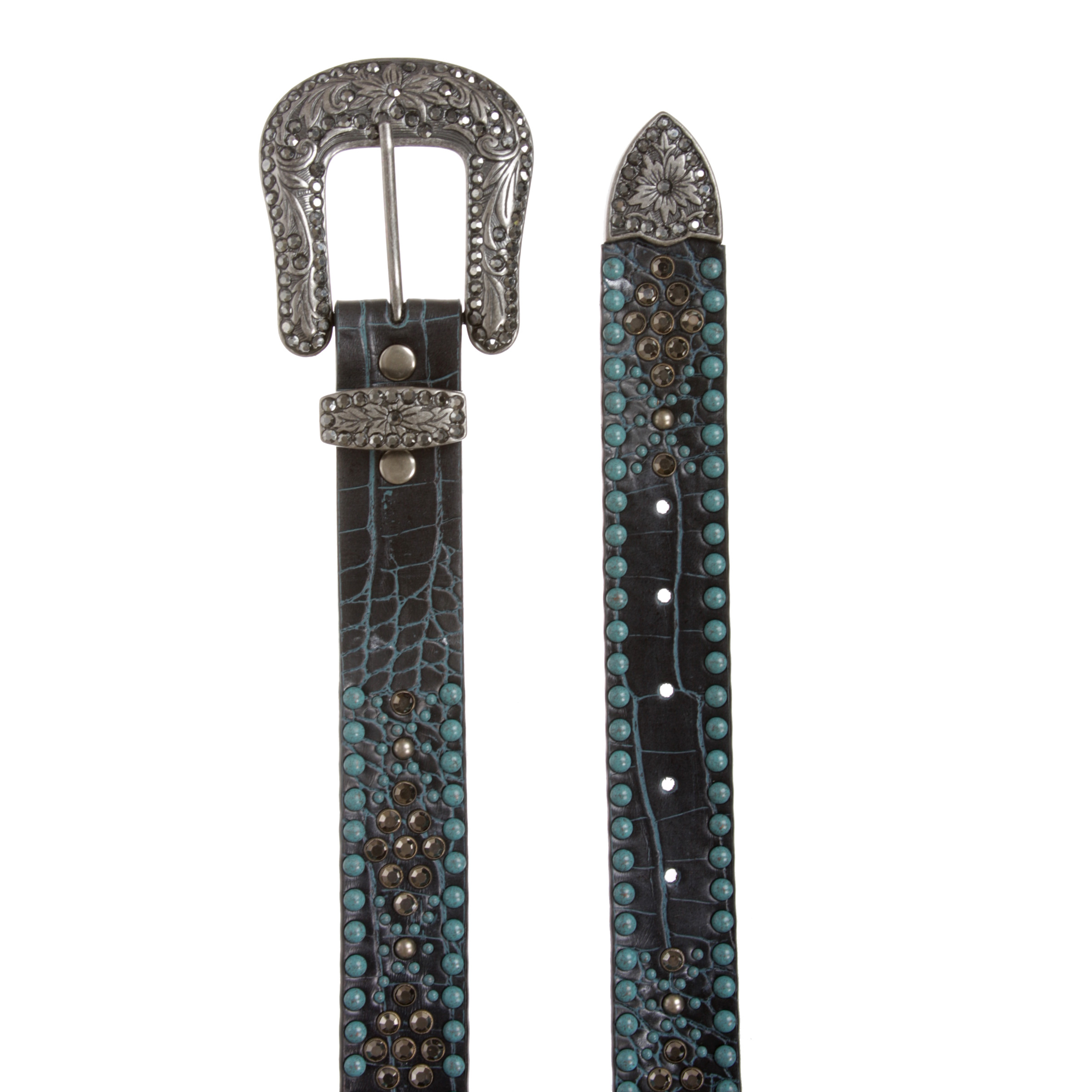 Turquoise Croc-Embossed Studded Western Belt with Buckle Streets Ahead Studded Lea Western Belt | Pinto Ranch main image 4