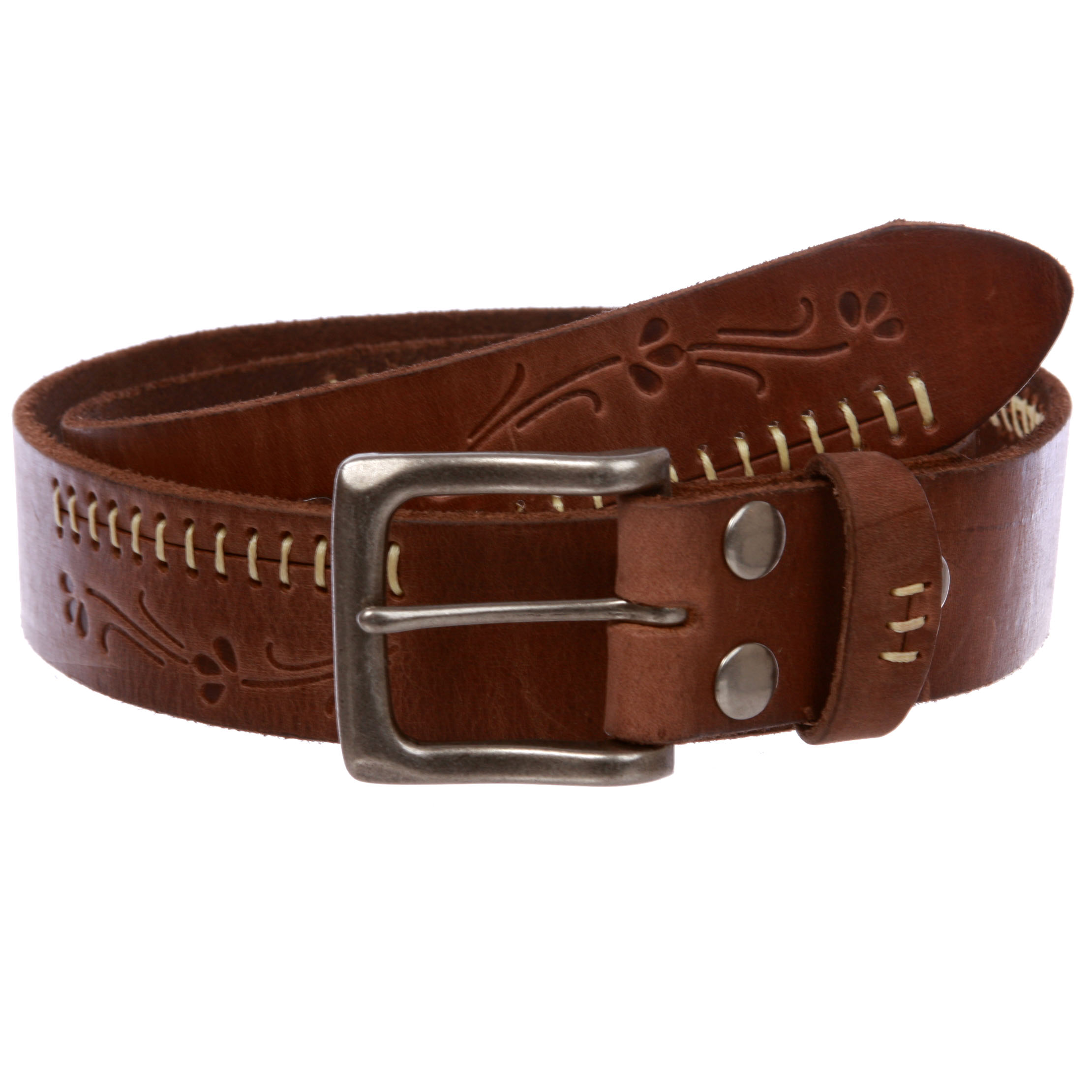 Snap On Floral Embossed Stitching Full Grain Leather Belt - Bild 15 von 20