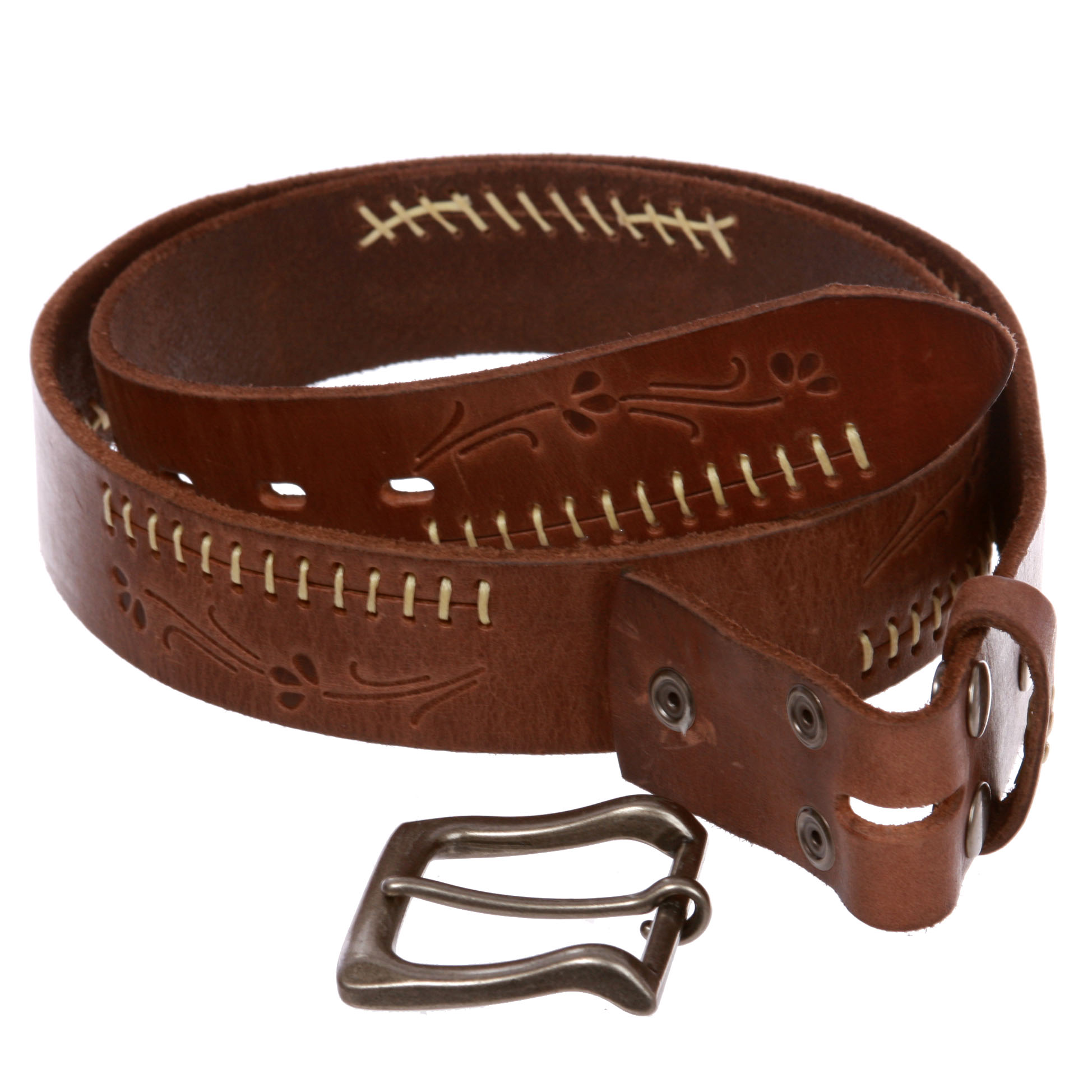 Snap On Floral Embossed Stitching Full Grain Leather Belt - Bild 16 von 20