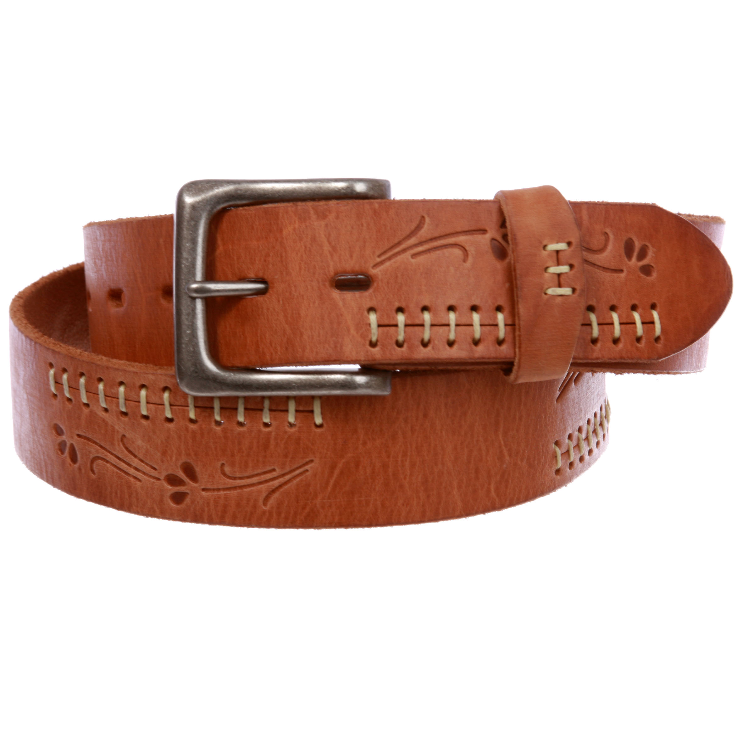 Snap On Floral Embossed Stitching Full Grain Leather Belt - Bild 11 von 20