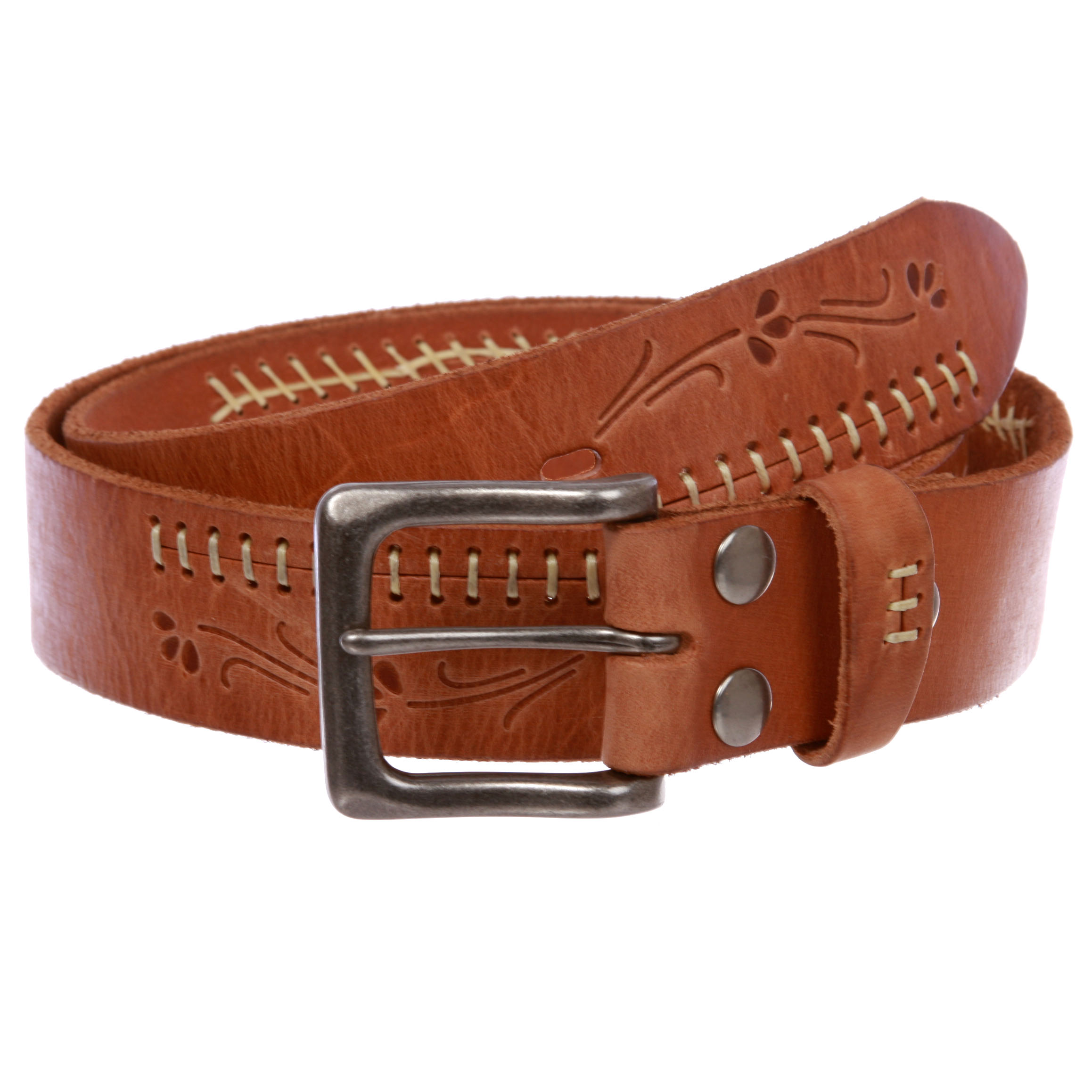 Snap On Floral Embossed Stitching Full Grain Leather Belt - Bild 12 von 20