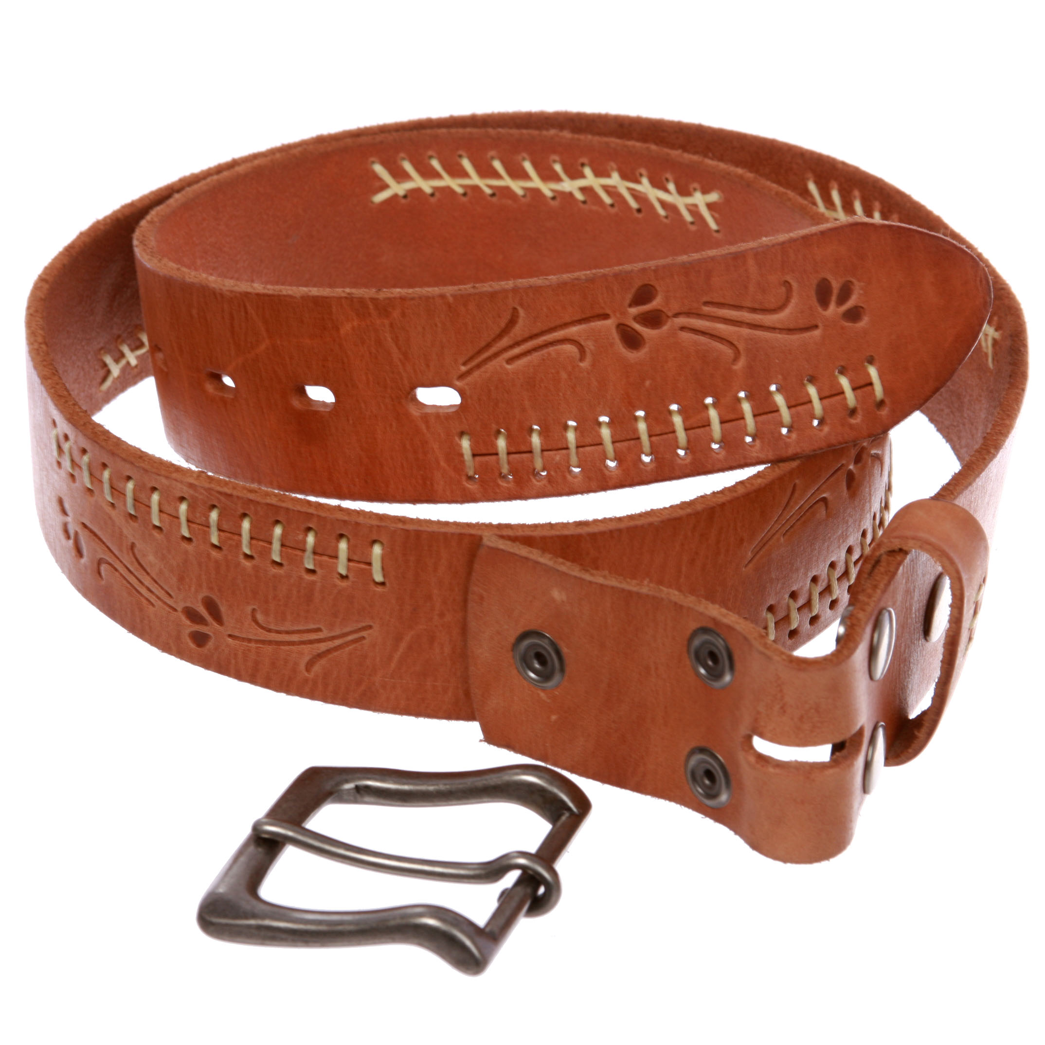 Snap On Floral Embossed Stitching Full Grain Leather Belt - Bild 13 von 20