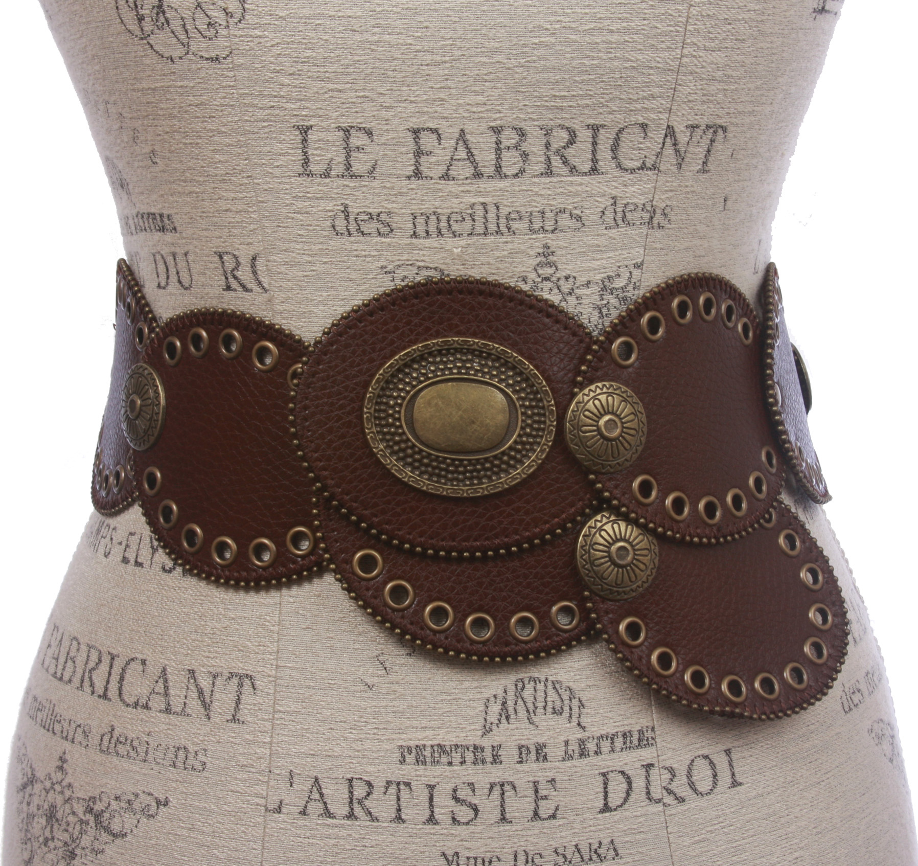 Brown Oval Concho Disc Vegan Leather Link Belt BAOKELAN Wide Disc Belts for Women Concho Leather Disk Link  main image 2