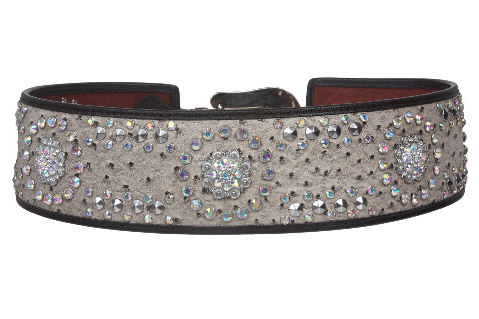 Women's Wide Contour High Waist Faux Ostrich Print Western Rhinestone