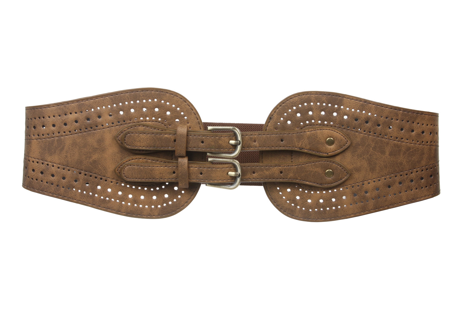 Ladies 5" Wide High Waist Fashion Double Buckles Stretch Belt - Picture 22 of 27