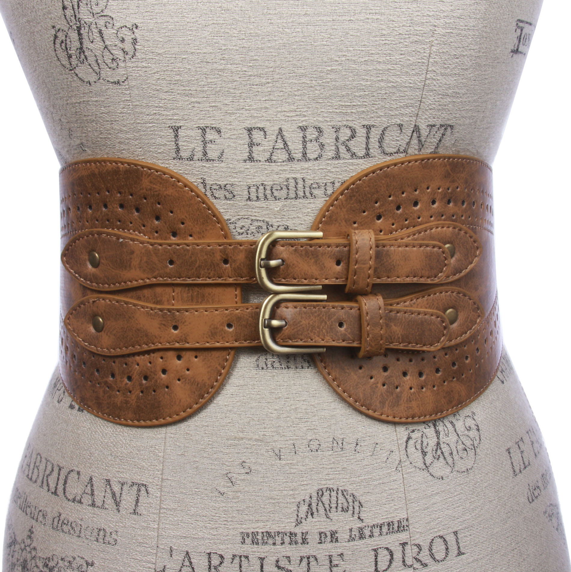 Ladies 5" Wide High Waist Fashion Double Buckles Stretch Belt - Picture 23 of 27