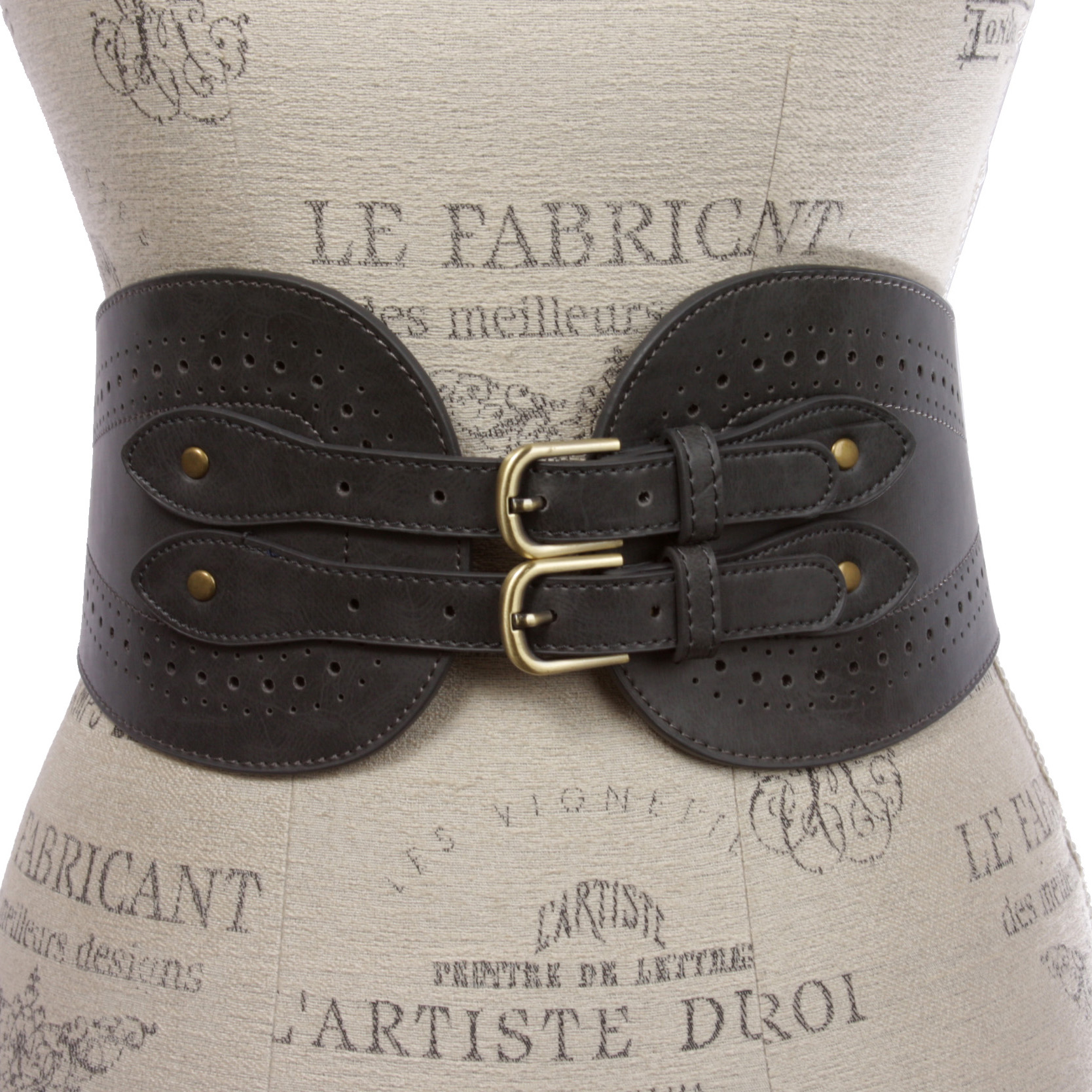 Ladies 5" Wide High Waist Fashion Double Buckles Stretch Belt - Picture 20 of 27