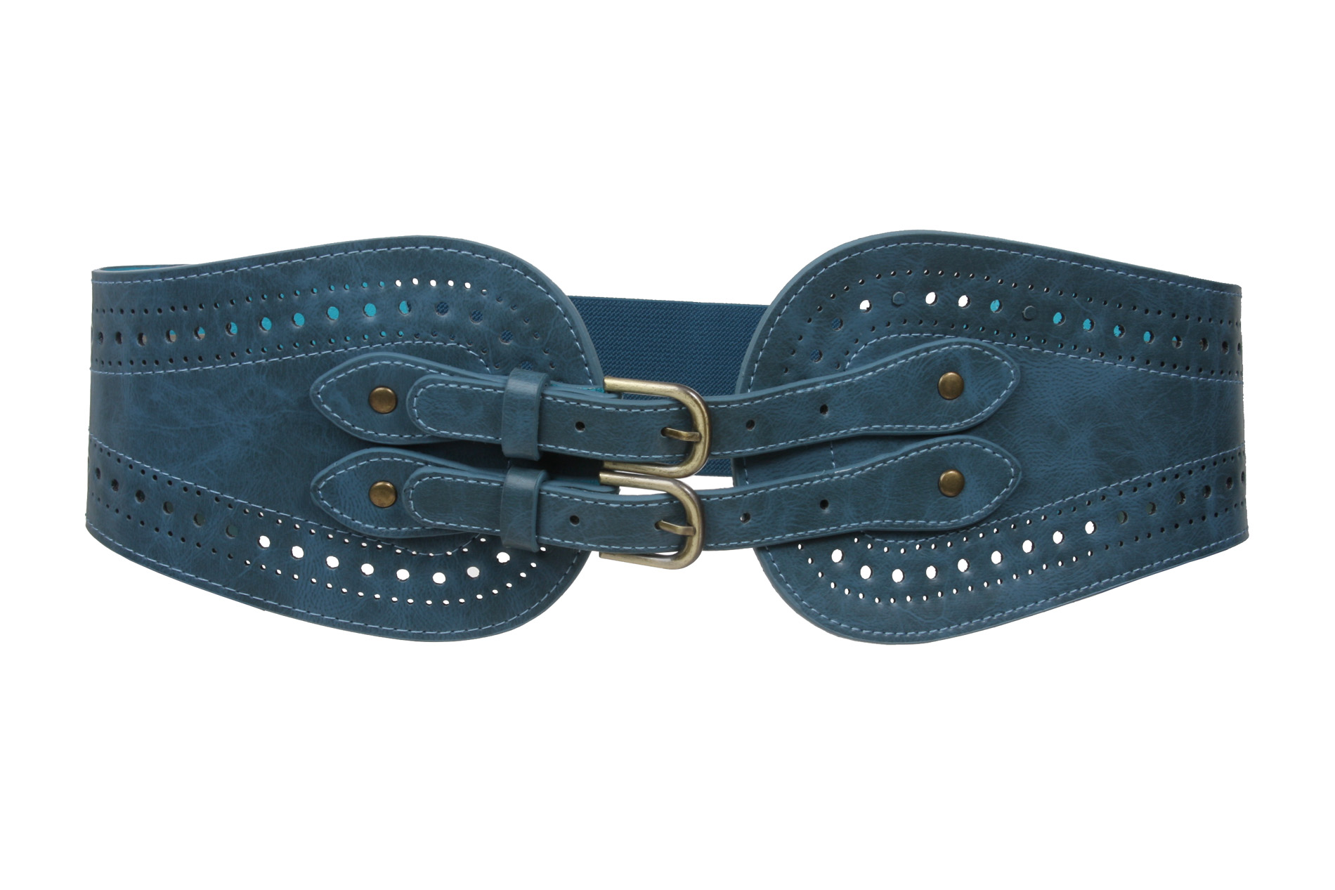 Ladies 5" Wide High Waist Fashion Double Buckles Stretch Belt - Picture 16 of 27