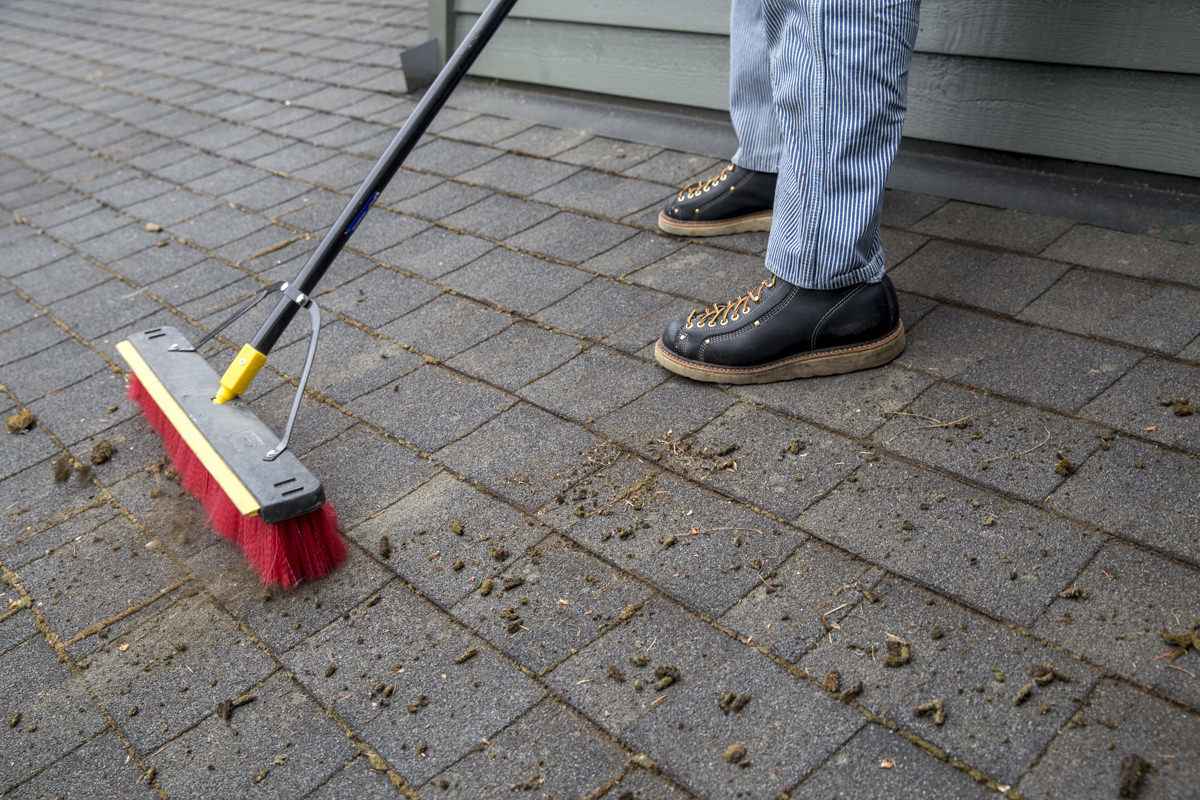 sweeping moss off roof