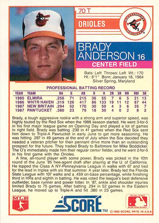 Brady Anderson 70T 1988 Score Rookie Traded XRC EXtended Rookie Card 
