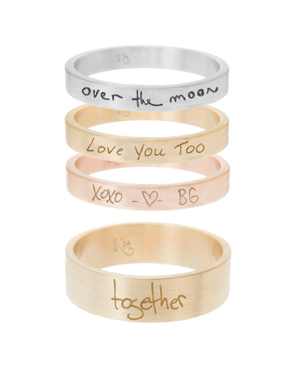 Graffiti Rings in Skinny Sterling Silver, 14k Rose Gold and 14k Yellow Gold, and Wide 14k Yellow Gold personalized handwriting rings