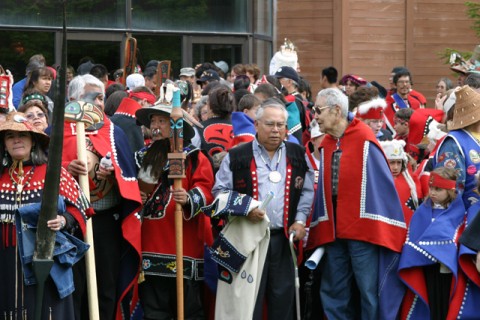Picture 437 Dancers and leaders line up outside Juneau's Centenial Hall during Celebration 2006. Photo courtesy Ben Paul, Sealaska Heritage Institute.
