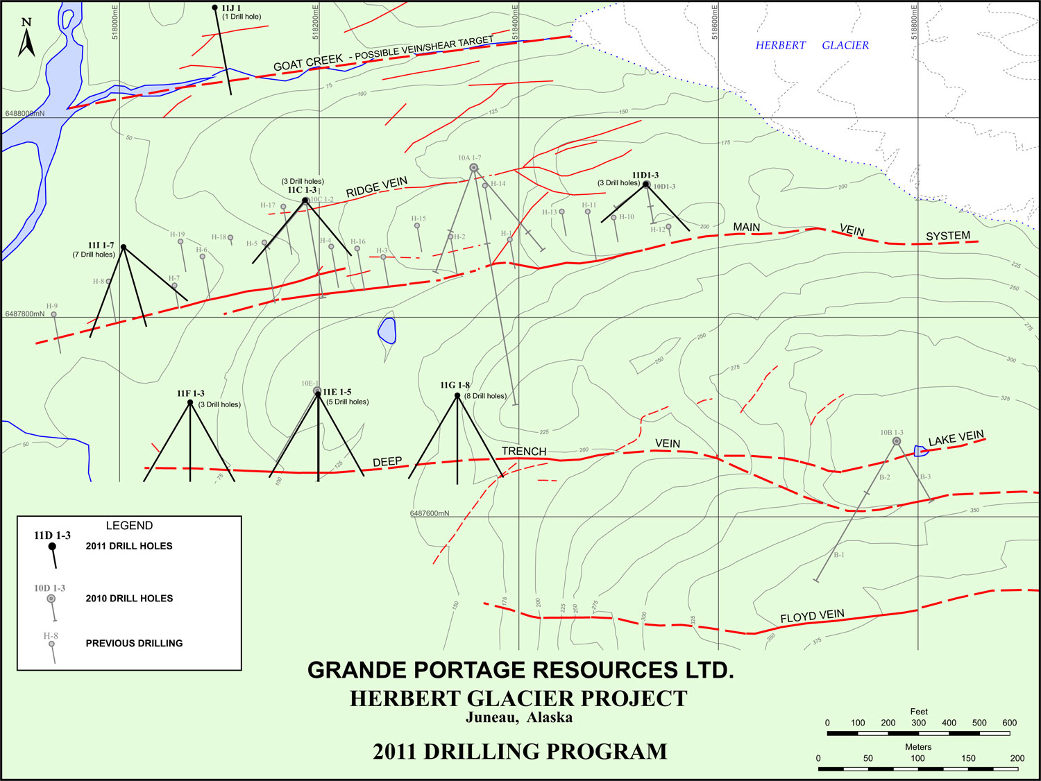 Herbert Glacier gold project A map of previous drilling sites and potential future sites. Map courtesy of Grande Portage Resources Ltd.
