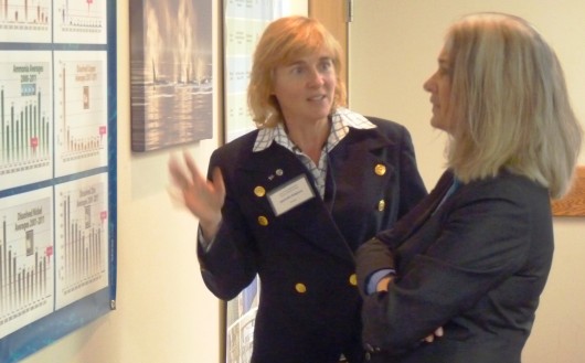 9-20-12 Michelle Ridgeway and Cathy Muñoz at cruise science open house 2 Science panel member Michelle Ridgway and Juneau Rep. Cathy Muñoz talk during the Cruise Ship Science Panel's technology open house Sept. 20 in Juneau.