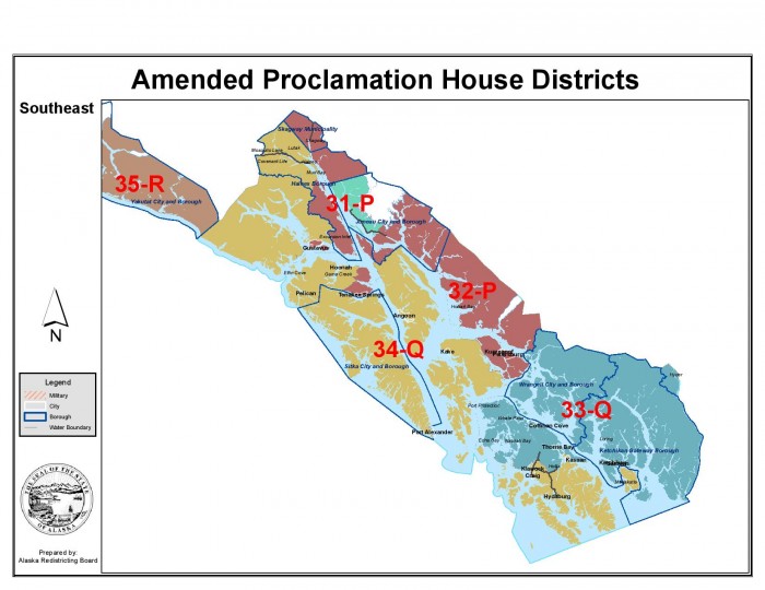 Southeast District Map - jpg Bert Stedman and Albert Kookesh are running for Senate District Q. On the map, it's shown as House Districts 33-Q and 34-Q. Courtesy Alaska Redistricting Board.