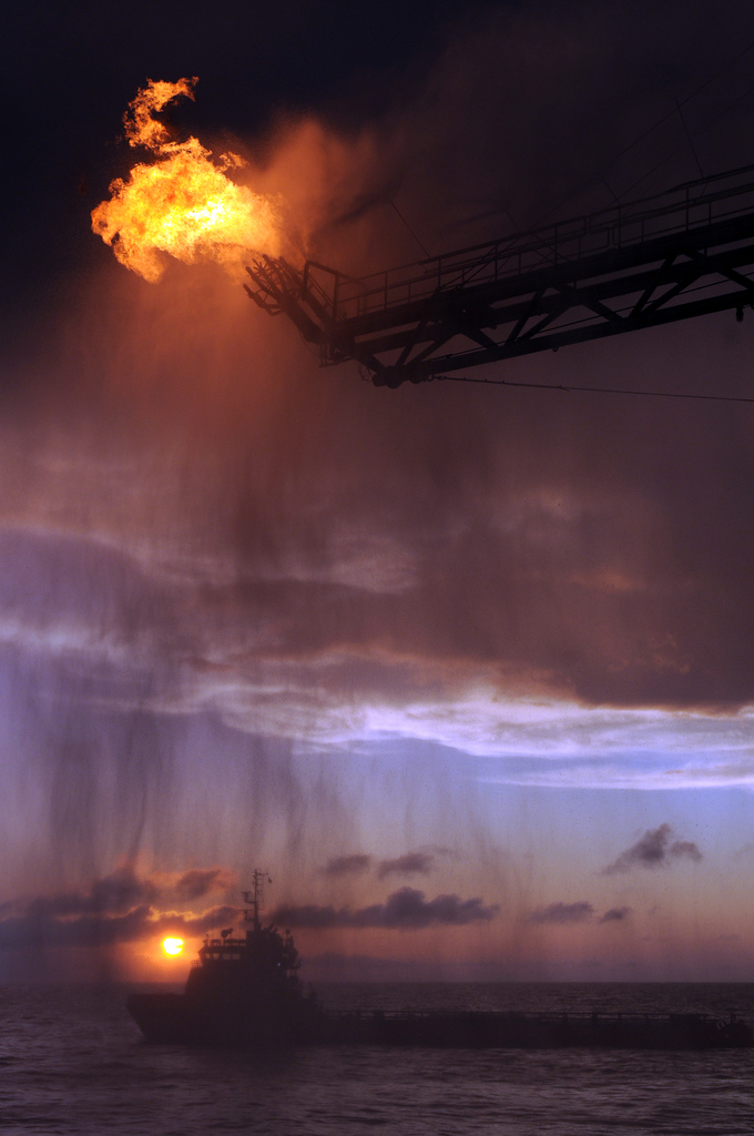 Gas from the damaged Deepwater Horizon wellhead is burned by the drillship Discoverer Enterprise GULF of MEXICO - Gas from the damaged Deepwater Horizon wellhead is burned by the drillship Discoverer Enterprise May 16, 2010, in a process known as flaring. Gas and oil from the wellhead are being brought to the surface via a tube that was placed inside the damaged pipe.