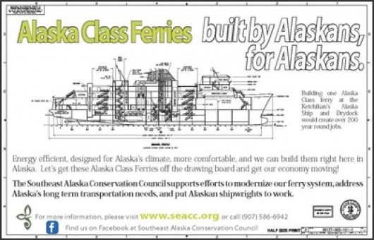 Alaska Class Ferry design This poster from the Southeast Alaska Conservation Council promoted the Alaska Class Ferry over road-building.