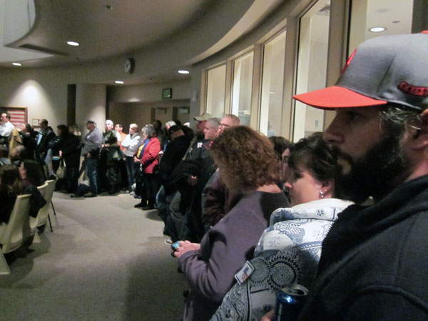13-rally-3 There was standing room only in the Assembly chambers, as hundreds showed up in response to the new ordinance introduced by Anchorage Mayor Dan Sullivan. Photo by Daysha Eaton, KSKA – Anchorage.