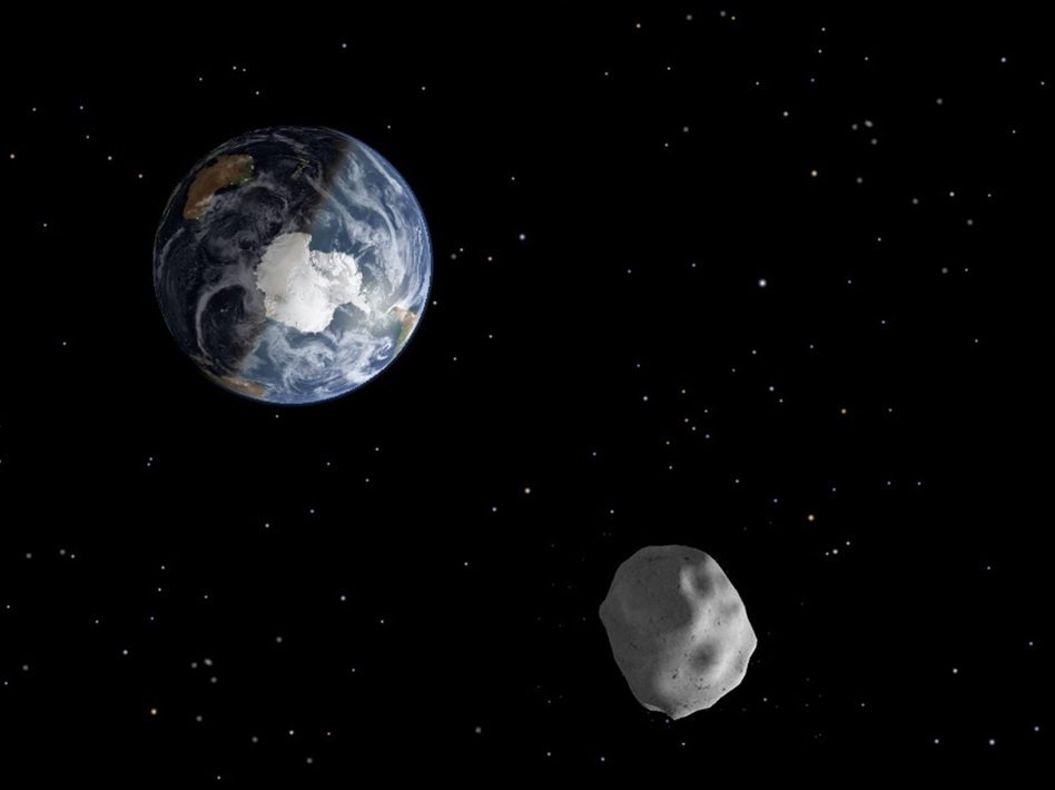 Image asteroid142way-ef0f2186bca42e51160e313eec2ca82cc51328c6-s6.jpg An illustration of what asteroid 2012 DA 14 may look like as it approaches Earth.