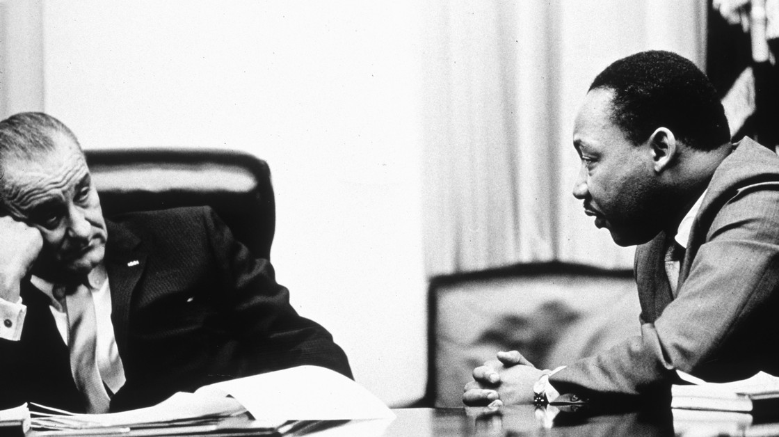 lyndon-johnson_martin-luther-king-jr President Lyndon Johnson and civil rights leader Martin Luther King Jr. discuss the Voting Rights Act in 1965. On Wednesday, the Supreme Court hears arguments on whether a key part of the law is still needed nearly a half century after its passage. Hulton Archive/Getty Images