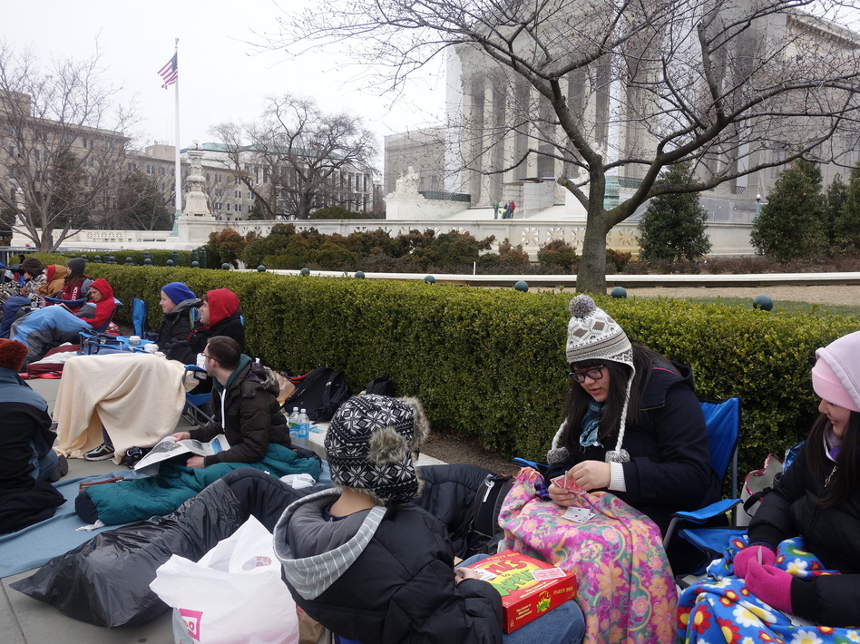 Image dsc03256-8094407c4246cMore than two dozen people bundled up to camp out before the U.S. Supreme Court for a seat to watch oral arguments in a same-sex marriage case on Tuesday. Elise Hu/NPR014a026e336cbbc042c6dd3f8cb-s6.jpg More than two dozen people bundled up to camp out before the U.S. Supreme Court for a seat to watch oral arguments in a same-sex marriage case on Tuesday. Elise Hu/NPR