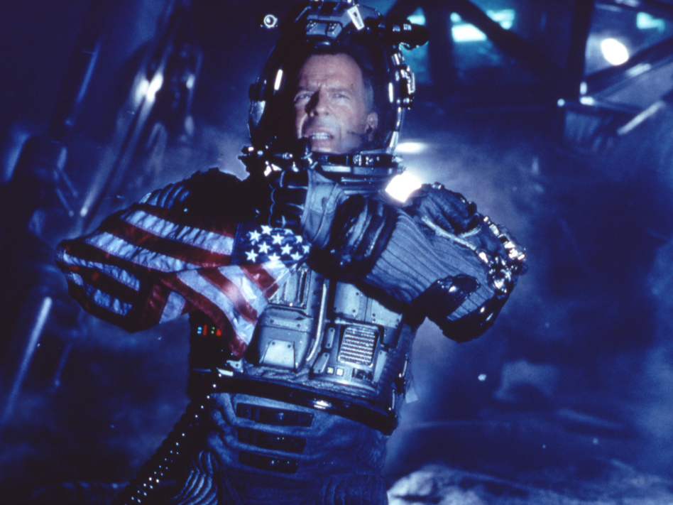 Bruce Willis in Armageddon Actor Bruce Willis on the surface of an asteroid from the movie Armageddon. Lawmakers are questioning the likelihood of the movie's plot becoming reality. Frank Masi/Associated Press