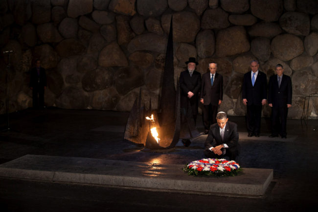 President Barack Obama pays his respects in the Hall of Remembrance in front of Israel's President Shimon Peres, Israel's Prime Minster Benjamin Netanyahu, Chairman of the Yad Vashem Directorate Avner Shalev and Rabbi Yisrael Meir Lau after marines layed a wreath on his behalf during his visit to the memorial on Friday. Uriel Sinai/Getty Images President Barack Obama pays his respects in the Hall of Remembrance in front of Israel's President Shimon Peres, Israel's Prime Minster Benjamin Netanyahu, Chairman of the Yad Vashem Directorate Avner Shalev and Rabbi Yisrael Meir Lau after marines layed a wreath on his behalf during his visit to the memorial on Friday. Uriel Sinai/Getty Images