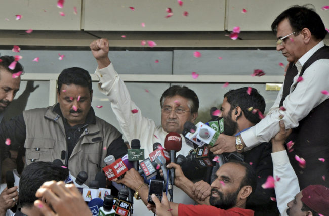 Image pakistan-musharraf_custFormer Pakistani President Pervez Musharraf greets supporters upon his arrival at Karachi airport in Pakistan on Sunday. S.I. Ali/APom-70e3b8a151ff605ad4cdb690437f5349b94eddb7-s6.jpg Former Pakistani President Pervez Musharraf greets supporters upon his arrival at Karachi airport in Pakistan on Sunday. S.I. Ali/AP