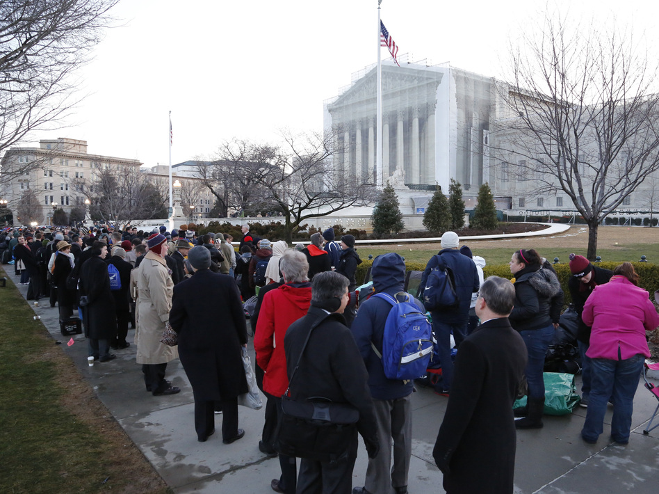 The line was long Tuesday outside the Supreme Court in Washington, D.C., as spectators came to hear the oral arguments about California's Proposition 8. Jonathan Ernst /Reuters /Landov The line was long Tuesday outside the Supreme Court in Washington, D.C., as spectators came to hear the oral arguments about California's Proposition 8. Jonathan Ernst /Reuters /Landov