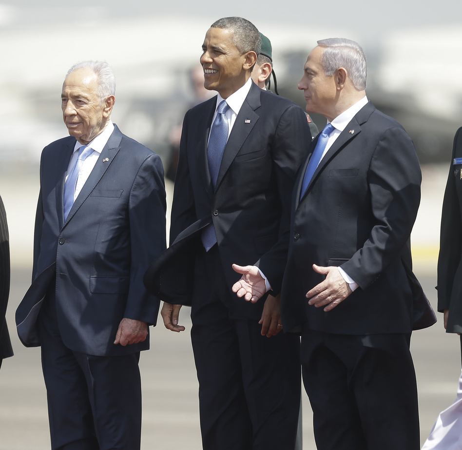 President Obama President Barack Obama is greeted by Israeli President Shimon Peres, left, and Israeli Prime Minister Benjamin Netanyahu upon his arrival ceremony at Ben Gurion International Airport in Tel Aviv, Israel, on Wednesday. Pablo Martinez Monsivais/AP