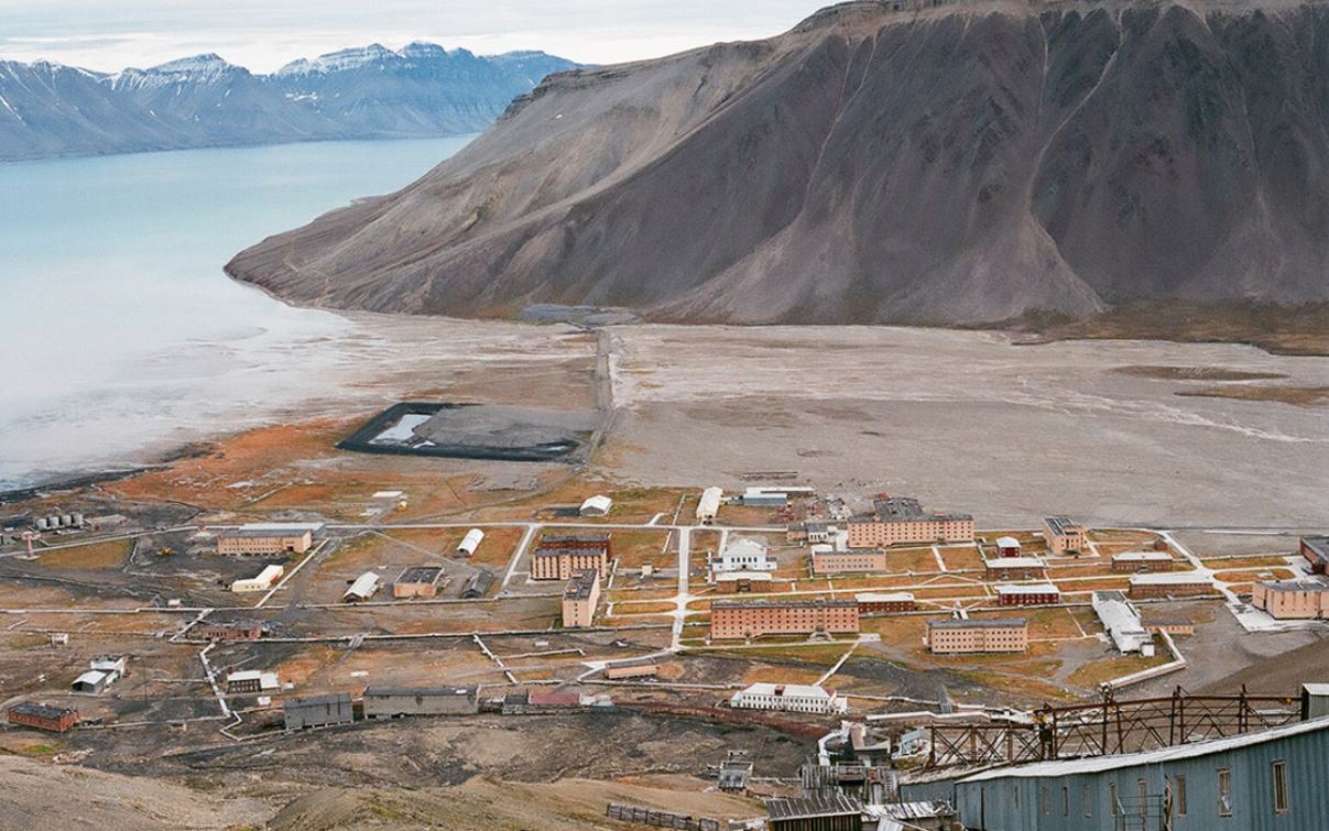 ghost town Piramida, shot from above. The ghost town, once an active Russian mining settlement, is on the island of Spitsbergen, in the archipelago of Svalbard, which is controlled by Norway. Courtesy of Efterklang