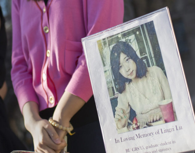 Outside Boston University's Marsh Chapel on Wednesday, friends gathered to remember graduate student Lingzi Lu. She was one of the three people killed in Monday's bombings at the Boston Marathon. Shannon Stapleton /Reuters /Landov Outside Boston University's Marsh Chapel on Wednesday, friends gathered to remember graduate student Lingzi Lu. She was one of the three people killed in Monday's bombings at the Boston Marathon. Shannon Stapleton /Reuters /Landov