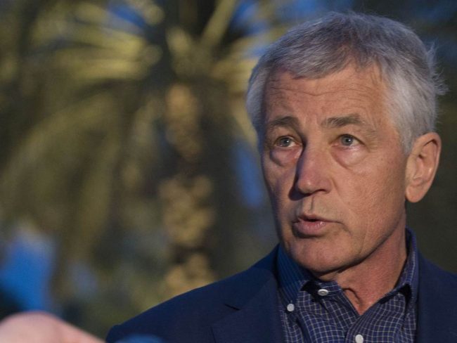 Secretary of Defense Chuck Hagel speaks with reporters on Thursday in the United Arab Emirates after reading a statement on chemical weapon use. Pool/Getty Images Secretary of Defense Chuck Hagel speaks with reporters on Thursday in the United Arab Emirates after reading a statement on chemical weapon use. Pool/Getty Images
