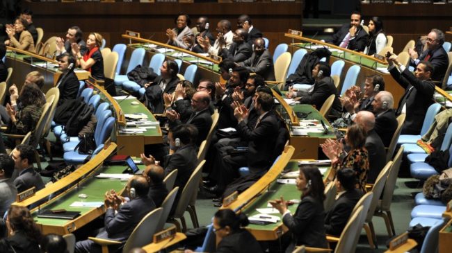 Delegates to the United Nations General Assembly applaud the passage of the first U.N. treaty regulating the international arms trade on Tuesday. Timothy A. Clary /AFP/Getty Images Delegates to the United Nations General Assembly applaud the passage of the first U.N. treaty regulating the international arms trade on Tuesday. Timothy A. Clary /AFP/Getty Images