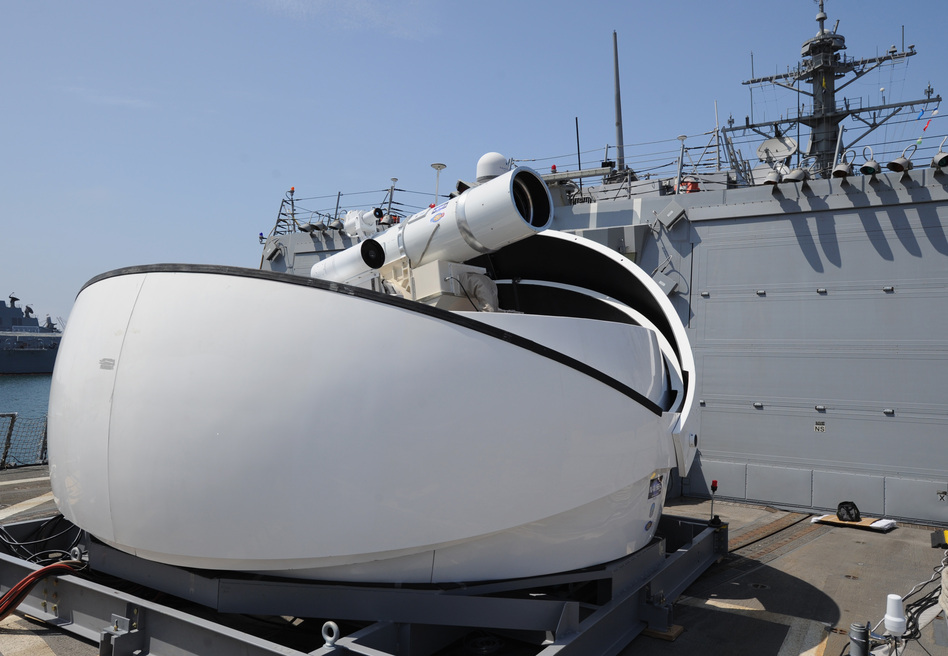 The Laser Weapon System (LaWS) temporarily installed aboard the guided-missile destroyer USS Dewey in San Diego, Calif. John F. Williams/U.S. Navy The Laser Weapon System (LaWS) temporarily installed aboard the guided-missile destroyer USS Dewey in San Diego, Calif. John F. Williams/U.S. Navy