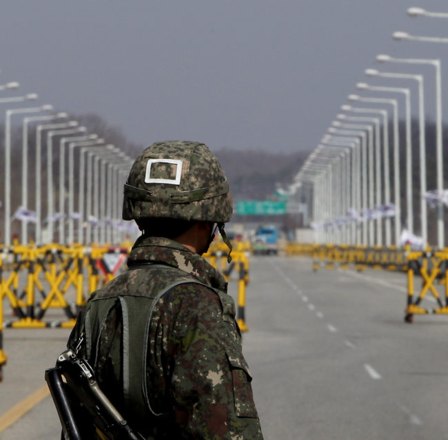 A South Korean soldier stands at a military checkpoint connecting South and North Korea at the Unification Bridge last week in Paju, South Korea. Chung Sung-Jun/Getty Images A South Korean soldier stands at a military checkpoint connecting South and North Korea at the Unification Bridge last week in Paju, South Korea. Chung Sung-Jun/Getty Images