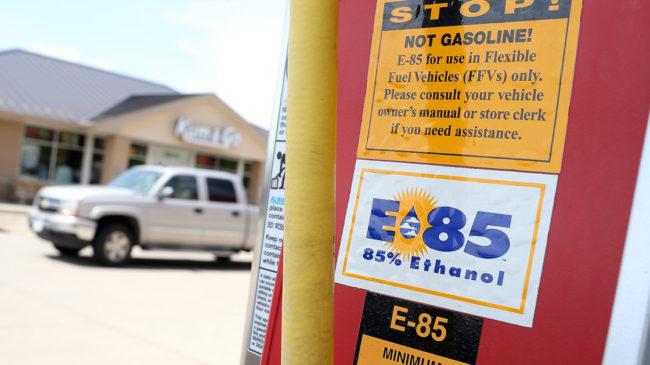 A decal advertising E85 ethanol is displayed on a pump at a gas station in Johnston, Iowa. Justin Sullivan/Getty Images A decal advertising E85 ethanol is displayed on a pump at a gas station in Johnston, Iowa. Justin Sullivan/Getty Images
