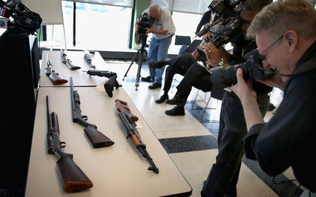 The U.S. rate of gun homicides and other crimes fell after 1993, according to two studies released Tuesday. But a survey showed that only 12 percent of Americans said they felt gun homicides had fallen. Scott Olson/Getty Images The U.S. rate of gun homicides and other crimes fell after 1993, according to two studies released Tuesday. But a survey showed that only 12 percent of Americans said they felt gun homicides had fallen. Scott Olson/Getty Images
