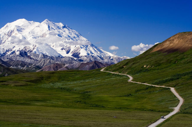 denali park Down the valley towards Denali with the park road winding its way.