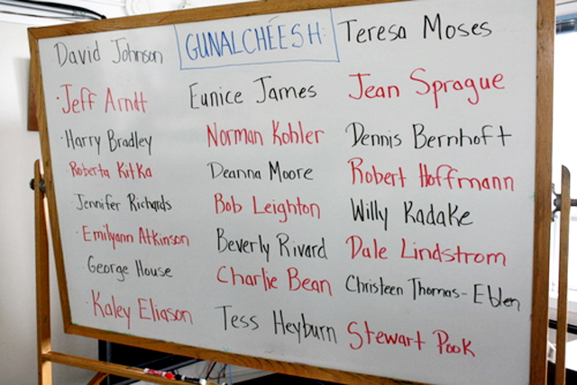 names A white board displays the names of all the employees.