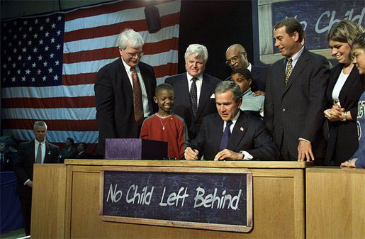 no child left behind Visiting Hamilton High School in Hamilton, Ohio, Jan. 8, 2002, President George W. Bush signs into law the No Child Left Behind Act.