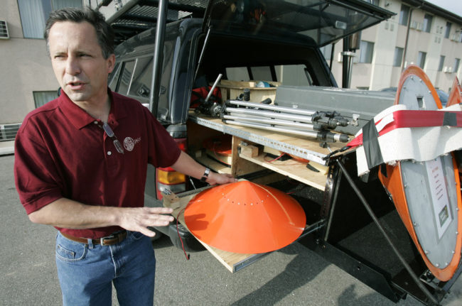 Tornado chaser Tim Samaras shows the probes he uses when trying to collect data from a tornado. This photo was taken May 26, 2006, in Ames, Iowa. Charlie Neibergall/AP Tornado chaser Tim Samaras shows the probes he uses when trying to collect data from a tornado. This photo was taken May 26, 2006, in Ames, Iowa. Charlie Neibergall/AP