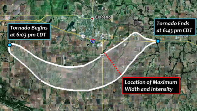 Data released Tuesday shows that the deadly El Reno tornado that struck Friday was the widest every recorded in the U.S., at 2.6 miles. National Weather Service Data released Tuesday shows that the deadly El Reno tornado that struck Friday was the widest every recorded in the U.S., at 2.6 miles. National Weather Service