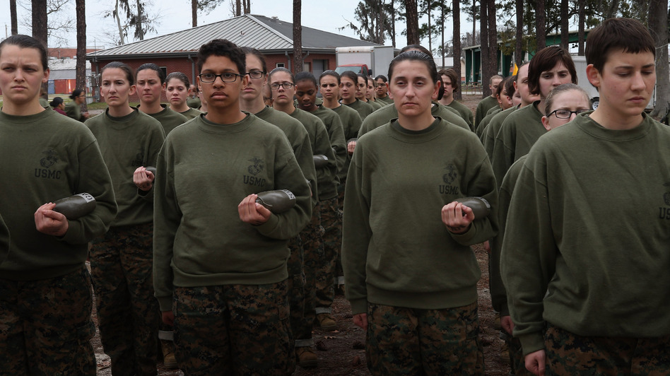 Women in the U.S. military will be integrated into front-line combat units by 2016, the Pentagon says. Here, female Marine recruits stand in formation during pugil stick training in boot camp earlier this year at Parris Island, S.C. Scott Olson/Getty Images Women in the U.S. military will be integrated into front-line combat units by 2016, the Pentagon says. Here, female Marine recruits stand in formation during pugil stick training in boot camp earlier this year at Parris Island, S.C. Scott Olson/Getty Images